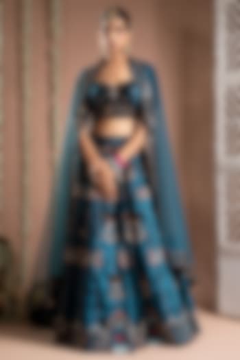 Teal Velvet Zari Hand Embroidered Wedding Lehenga Set by AHI CLOTHING at Pernia's Pop Up Shop