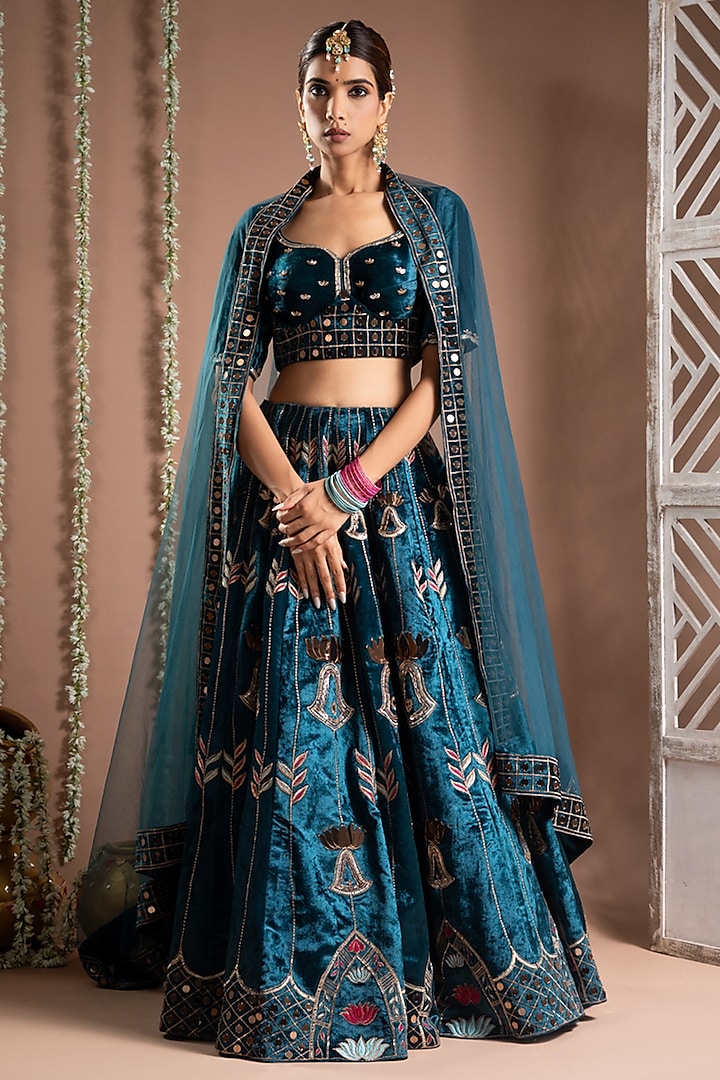 Teal Velvet Zari Hand Embroidered Wedding Lehenga Set by AHI CLOTHING at Pernia's Pop Up Shop