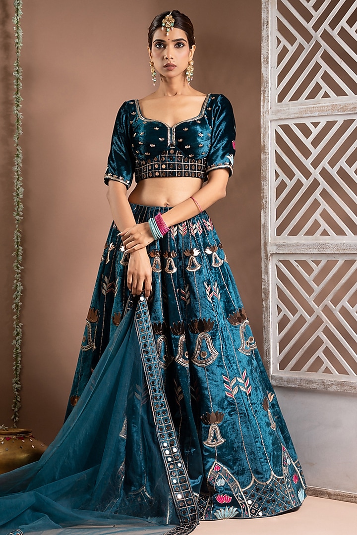 Teal Velvet Zari Hand Embroidered Wedding Lehenga Set by AHI CLOTHING at Pernia's Pop Up Shop