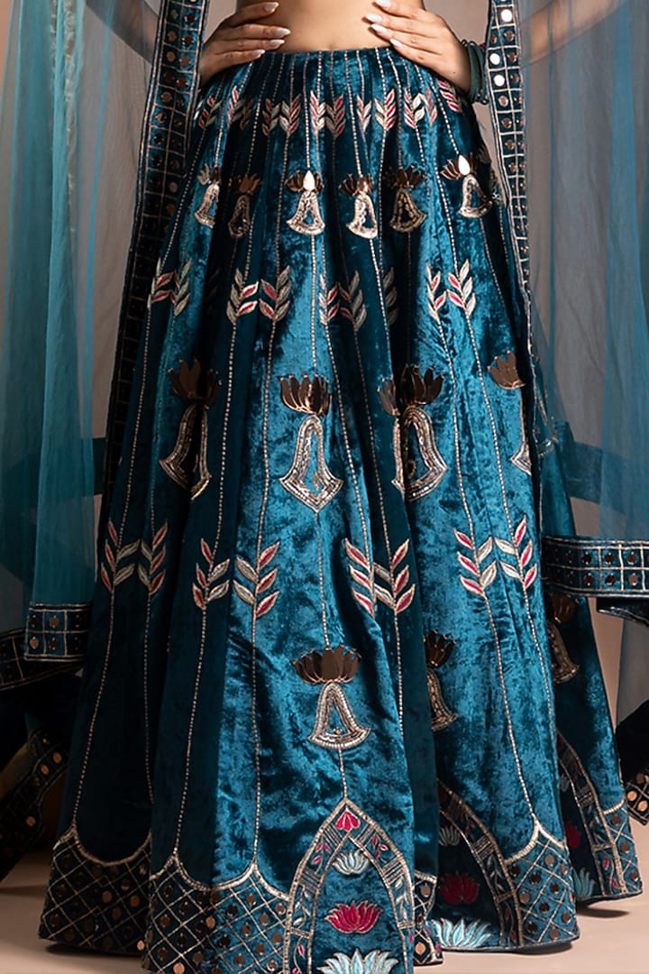 Teal Velvet Zari Hand Embroidered Wedding Lehenga Set by AHI CLOTHING at Pernia's Pop Up Shop