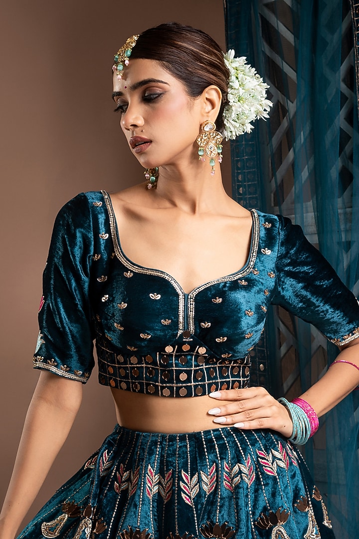 Teal Velvet Zari Hand Embroidered Wedding Lehenga Set by AHI CLOTHING at Pernia's Pop Up Shop