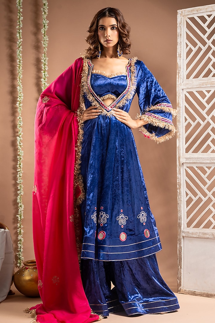 Royal Blue Velvet Zari Handwork Anarkali Set by AHI CLOTHING at Pernia's Pop Up Shop