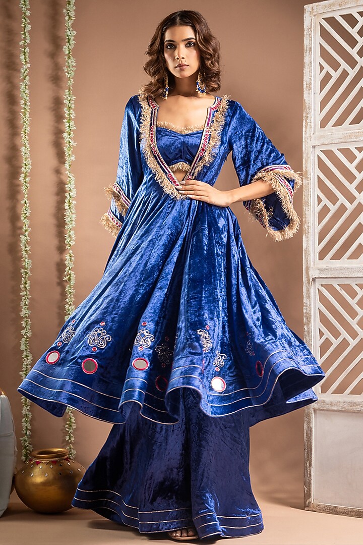 Royal Blue Velvet Zari Handwork Wedding Anarkali Set by AHI CLOTHING at Pernia's Pop Up Shop