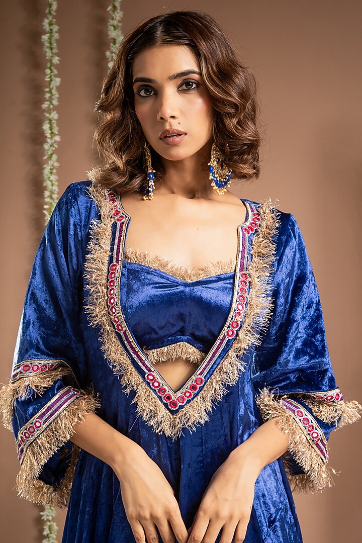 Royal Blue Velvet Zari Handwork Wedding Anarkali Set by AHI CLOTHING at Pernia's Pop Up Shop
