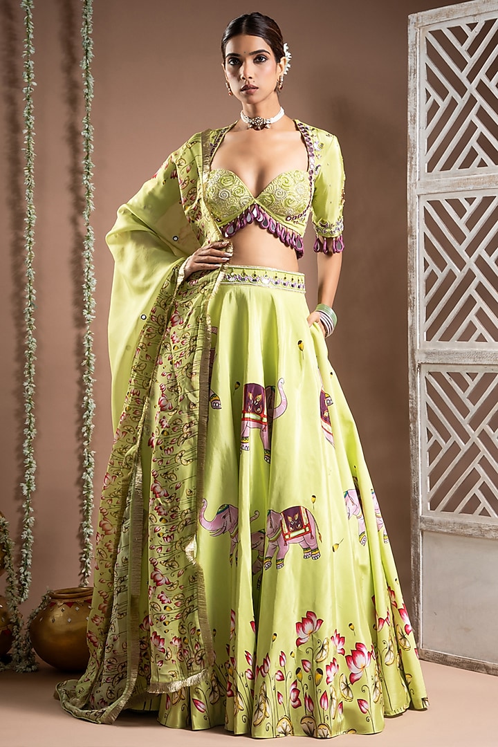 Grape Green Heavy Crepe Digital Printed & Handworked Wedding Lehenga Set by AHI CLOTHING at Pernia's Pop Up Shop