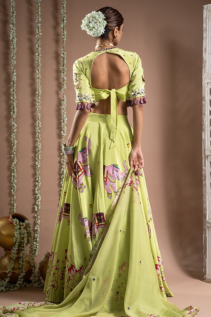 Grape Green Heavy Crepe Digital Printed & Handworked Wedding Lehenga Set by AHI CLOTHING at Pernia's Pop Up Shop
