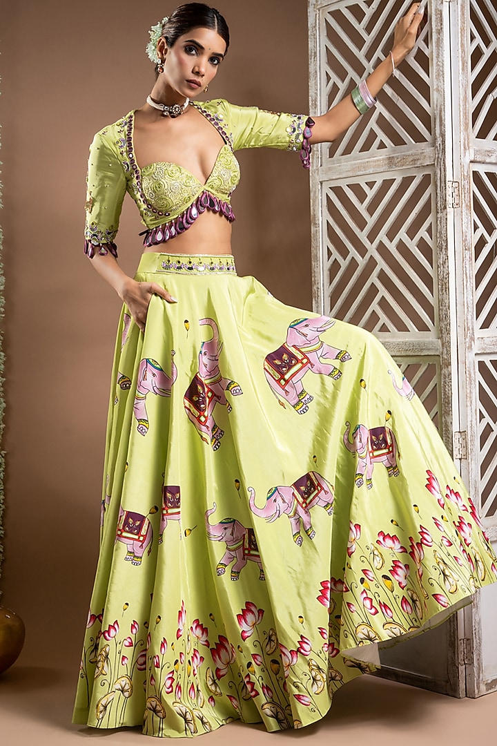 Grape Green Heavy Crepe Digital Printed & Handworked Wedding Lehenga Set by AHI CLOTHING at Pernia's Pop Up Shop