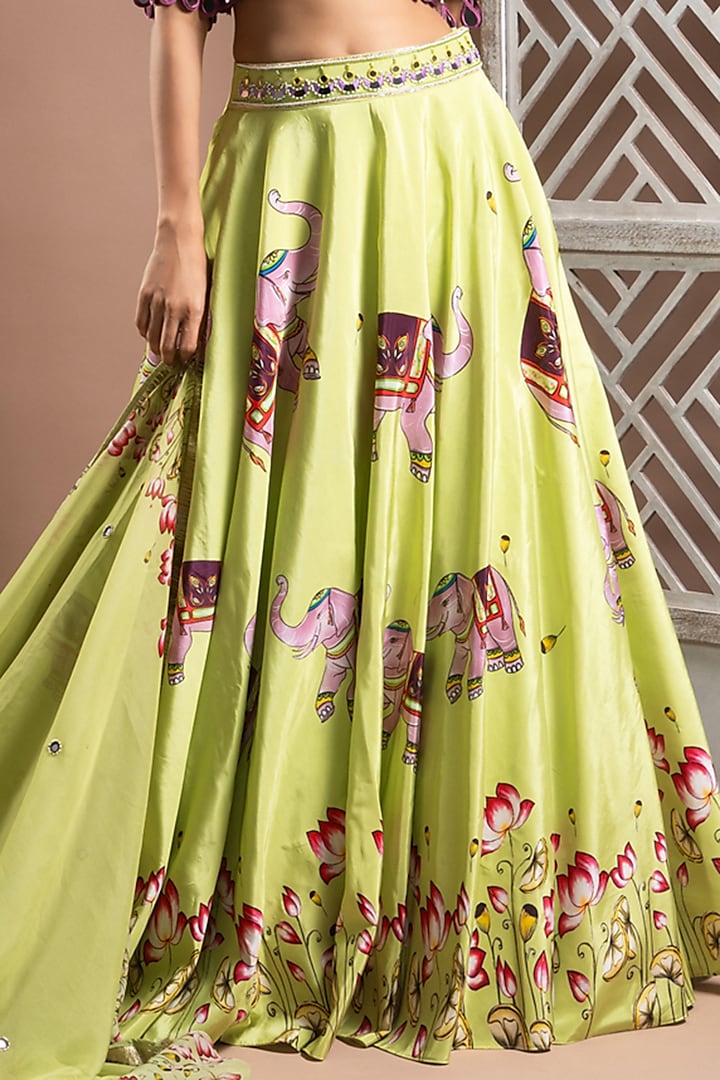 Grape Green Heavy Crepe Digital Printed & Handworked Wedding Lehenga Set by AHI CLOTHING at Pernia's Pop Up Shop
