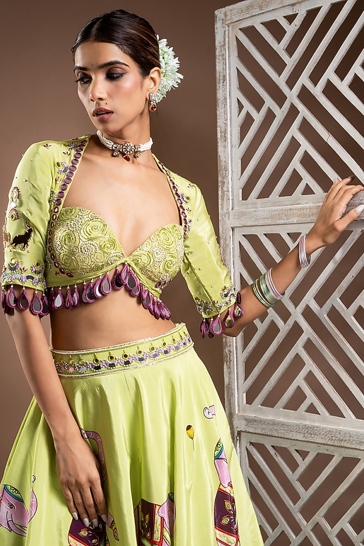 Grape Green Heavy Crepe Digital Printed & Handworked Wedding Lehenga Set by AHI CLOTHING at Pernia's Pop Up Shop