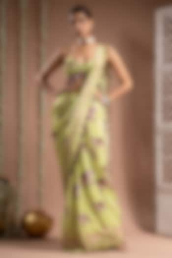 Grape Green Heavy Crepe Digital Printed Pre-Stitched Saree Set by AHI CLOTHING at Pernia's Pop Up Shop