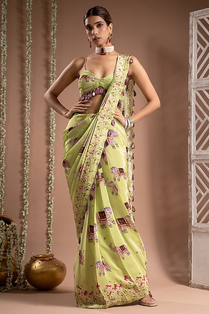 Grape Green Heavy Crepe Digital Printed Pre-Stitched Saree Set by AHI CLOTHING at Pernia's Pop Up Shop