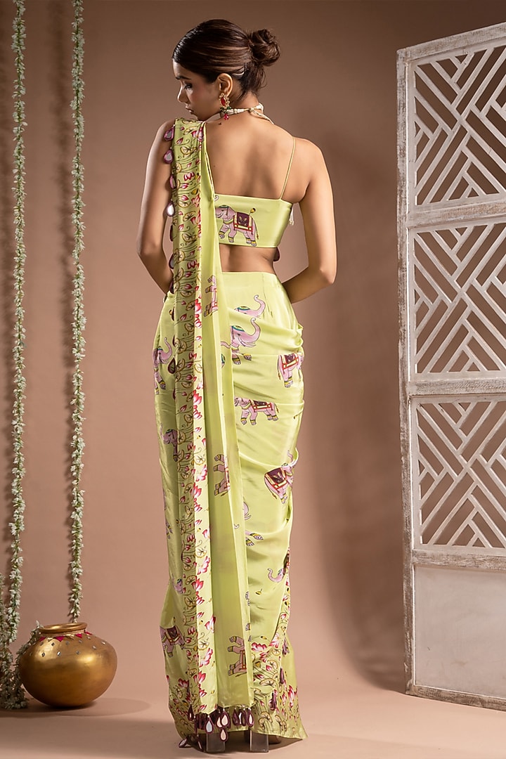 Grape Green Heavy Crepe Digital Printed Pre-Stitched Wedding Saree Set by AHI CLOTHING at Pernia's Pop Up Shop