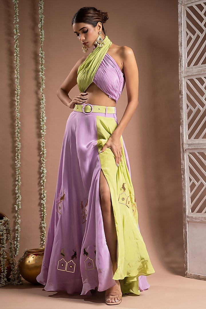 Grape Green & Lilac Heavy Crepe Zari Handwork Wedding Lehenga Set by AHI CLOTHING at Pernia's Pop Up Shop