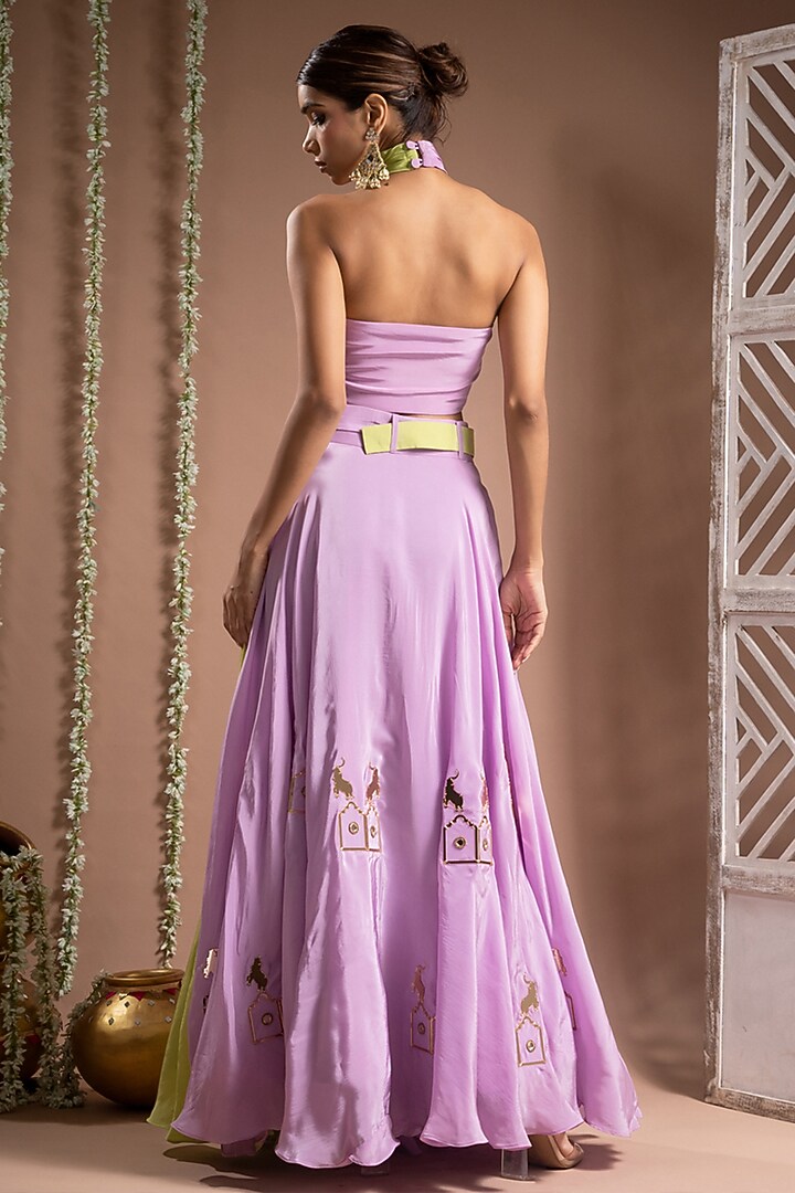 Grape Green & Lilac Heavy Crepe Zari Handwork Wedding Lehenga Set by AHI CLOTHING at Pernia's Pop Up Shop