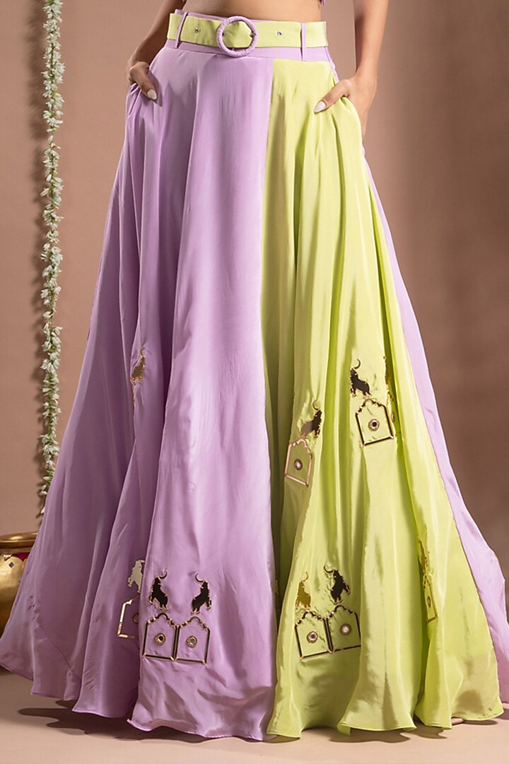 Grape Green & Lilac Heavy Crepe Zari Handwork Wedding Lehenga Set by AHI CLOTHING at Pernia's Pop Up Shop