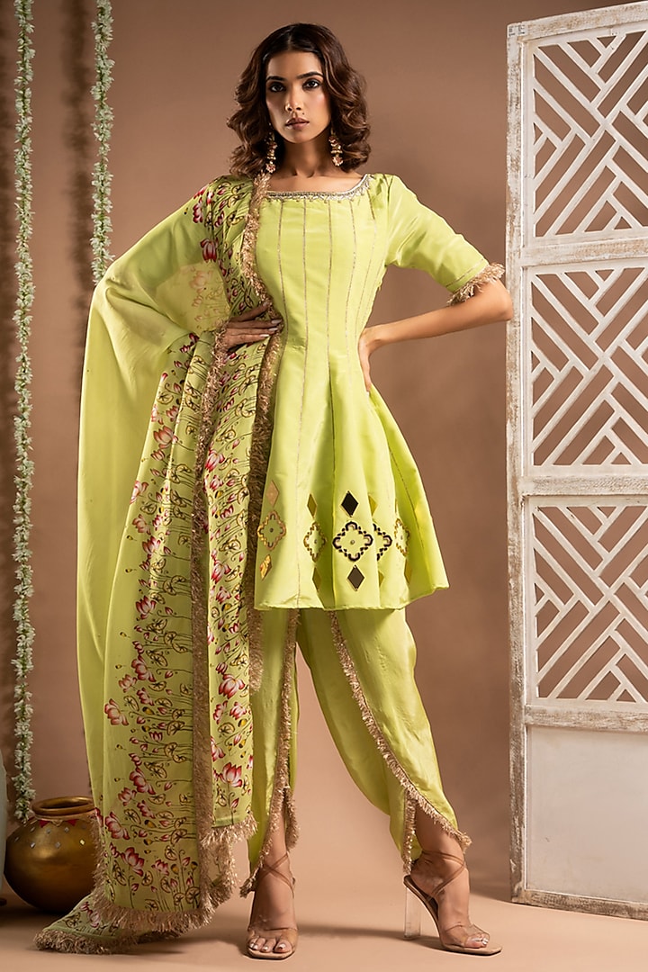 Grape Green Heavy Crepe Zari Handwork Short Kalidar Anarkali Set by AHI CLOTHING at Pernia's Pop Up Shop