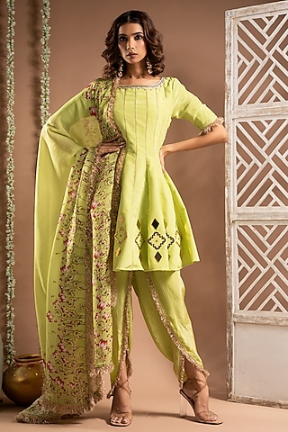 Grape Green Heavy Crepe Zari Handwork Short Kalidar Anarkali Set by AHI CLOTHING