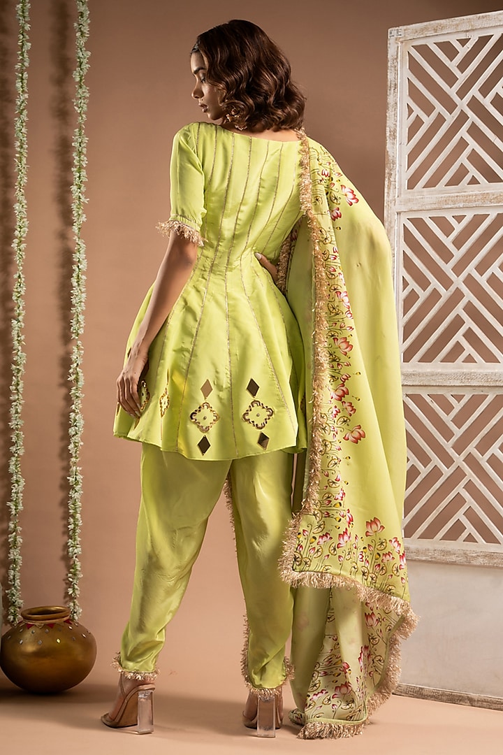 Grape Green Heavy Crepe Zari Handwork Short Kalidar Wedding Anarkali Set by AHI CLOTHING at Pernia's Pop Up Shop