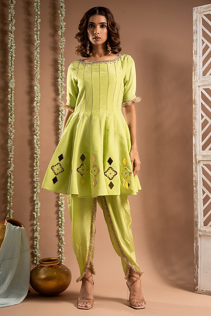 Grape Green Heavy Crepe Zari Handwork Short Kalidar Wedding Anarkali Set by AHI CLOTHING at Pernia's Pop Up Shop