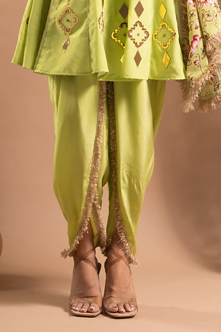 Grape Green Heavy Crepe Zari Handwork Short Kalidar Wedding Anarkali Set by AHI CLOTHING at Pernia's Pop Up Shop