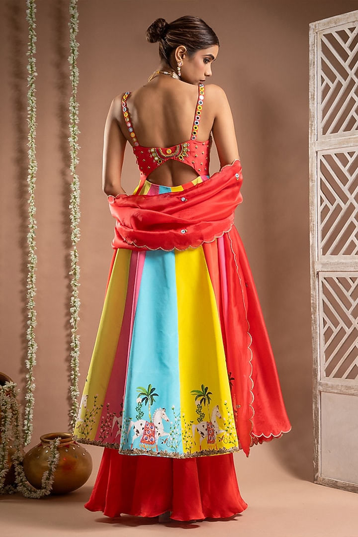 Mars Red Heavy Crepe Digital Printed Multi-Colored Kalidar Wedding Anarkali Set by AHI CLOTHING at Pernia's Pop Up Shop