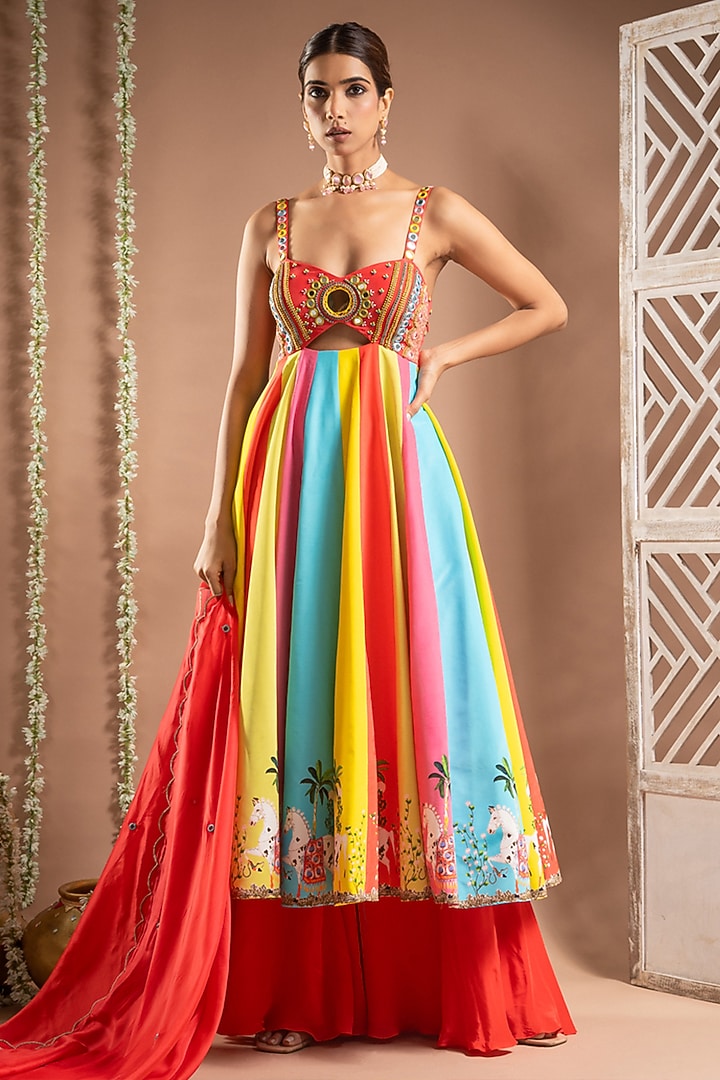 Mars Red Heavy Crepe Digital Printed Multi-Colored Kalidar Wedding Anarkali Set by AHI CLOTHING at Pernia's Pop Up Shop