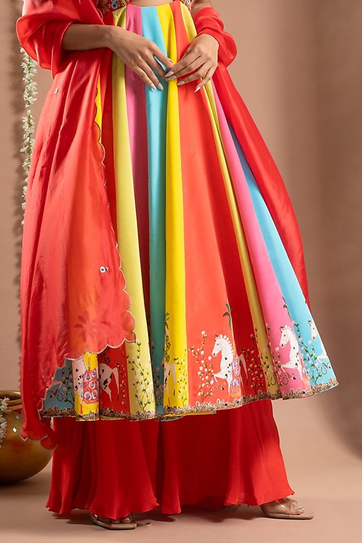 Mars Red Heavy Crepe Digital Printed Multi-Colored Kalidar Wedding Anarkali Set by AHI CLOTHING at Pernia's Pop Up Shop