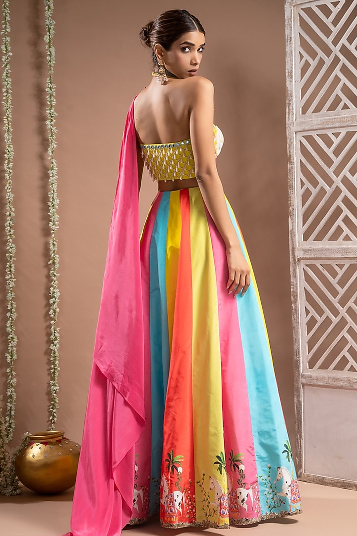 Multi-Colored Heavy Crepe Digital Printed Kalidar Wedding Lehenga Set by AHI CLOTHING at Pernia's Pop Up Shop