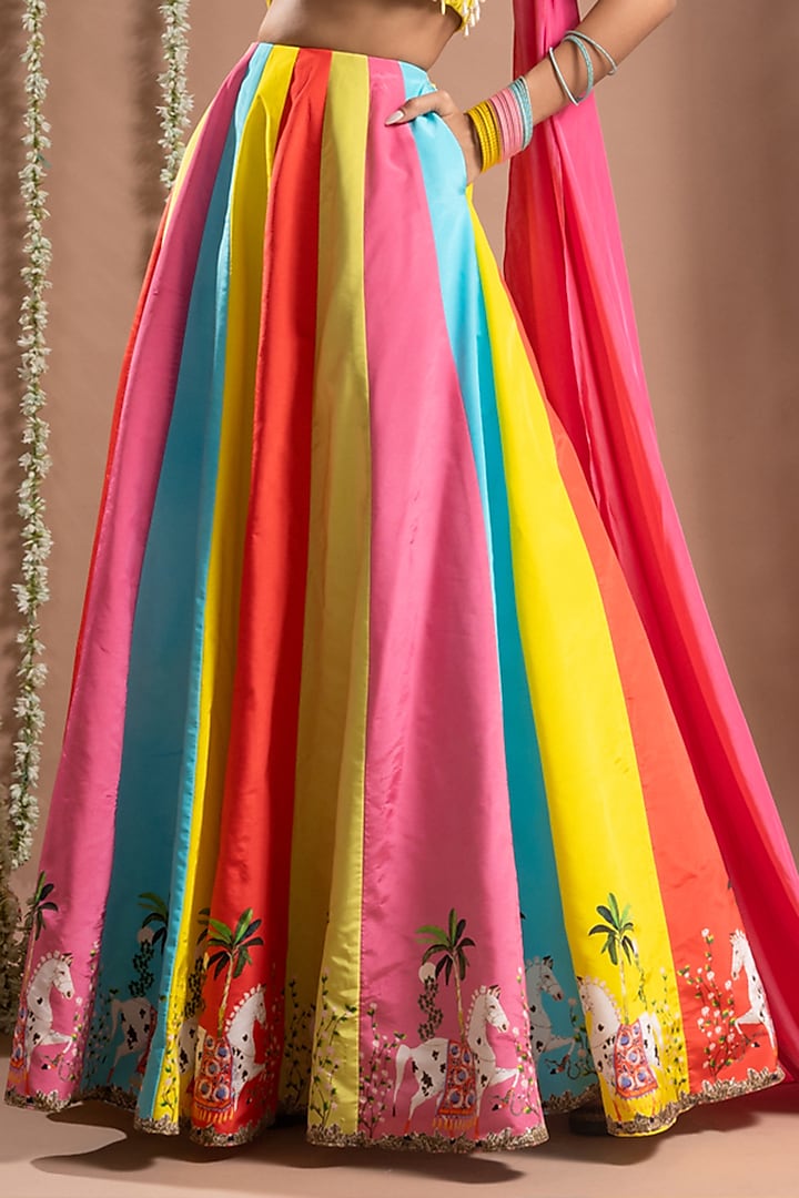 Multi-Colored Heavy Crepe Digital Printed Kalidar Wedding Lehenga Set by AHI CLOTHING at Pernia's Pop Up Shop