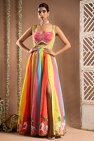 Multi-Colored Heavy Crepe Digital Printed & Resham Hand Work Dress by AHI CLOTHING