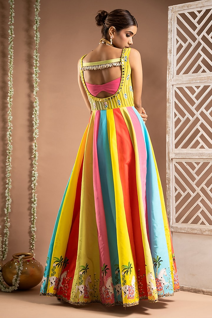 Multi-Colored Heavy Crepe Digital Printed & Resham Hand Work Cocktail Dress by AHI CLOTHING at Pernia's Pop Up Shop