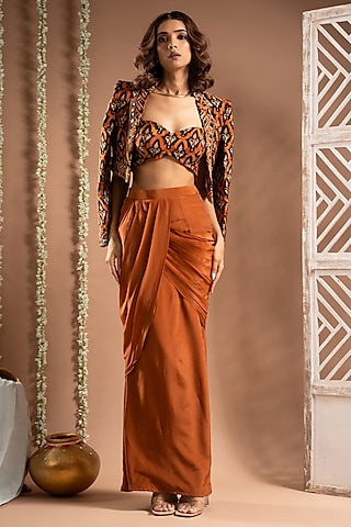 Rust Heavy Crepe Draped Skirt Set by AHI CLOTHING