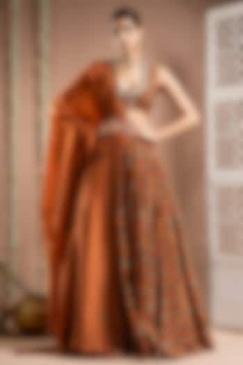 Rust Brown Heavy Crepe Digital Printed & Resham Hand Work Flared Wedding Lehenga Set by AHI CLOTHING at Pernia's Pop Up Shop