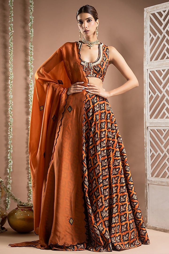 Rust Brown Heavy Crepe Digital Printed & Resham Hand Work Flared Wedding Lehenga Set by AHI CLOTHING at Pernia's Pop Up Shop