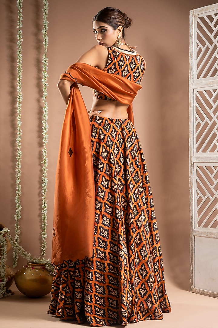 Rust Brown Heavy Crepe Digital Printed & Resham Hand Work Flared Wedding Lehenga Set by AHI CLOTHING at Pernia's Pop Up Shop