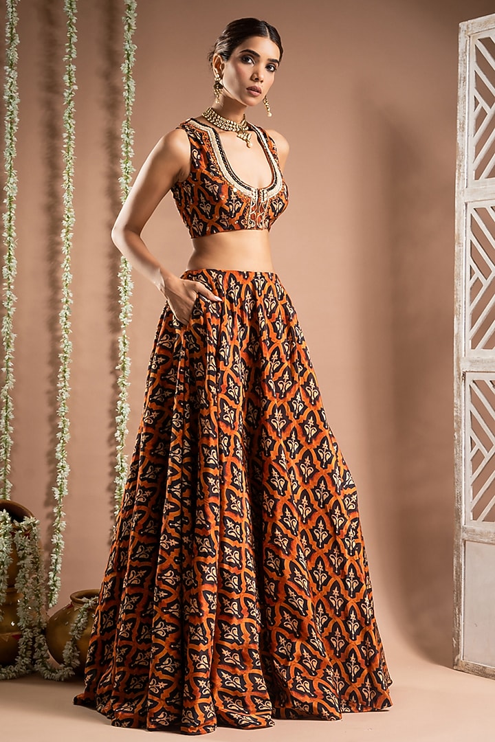 Rust Brown Heavy Crepe Digital Printed & Resham Hand Work Flared Wedding Lehenga Set by AHI CLOTHING at Pernia's Pop Up Shop