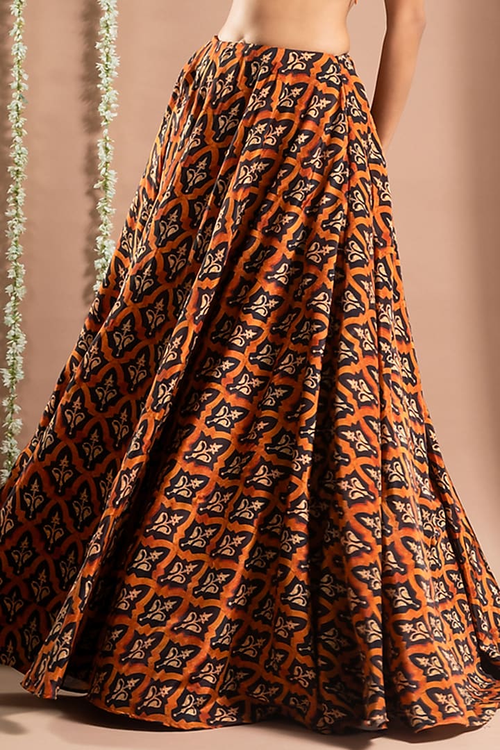 Rust Brown Heavy Crepe Digital Printed & Resham Hand Work Flared Wedding Lehenga Set by AHI CLOTHING at Pernia's Pop Up Shop