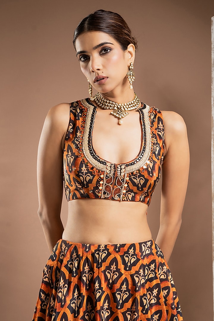 Rust Brown Heavy Crepe Digital Printed & Resham Hand Work Flared Wedding Lehenga Set by AHI CLOTHING at Pernia's Pop Up Shop