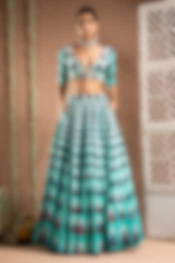 Blue Heavy Crepe Digital Printed & Resham Handwork Ombre Wedding Lehenga Set by AHI CLOTHING at Pernia's Pop Up Shop