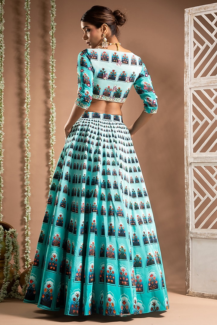 Blue Heavy Crepe Digital Printed & Resham Handwork Ombre Wedding Lehenga Set by AHI CLOTHING at Pernia's Pop Up Shop