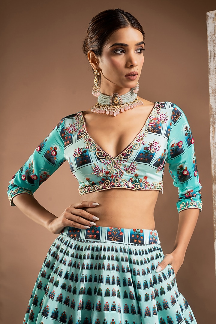 Blue Heavy Crepe Digital Printed & Resham Handwork Ombre Wedding Lehenga Set by AHI CLOTHING at Pernia's Pop Up Shop