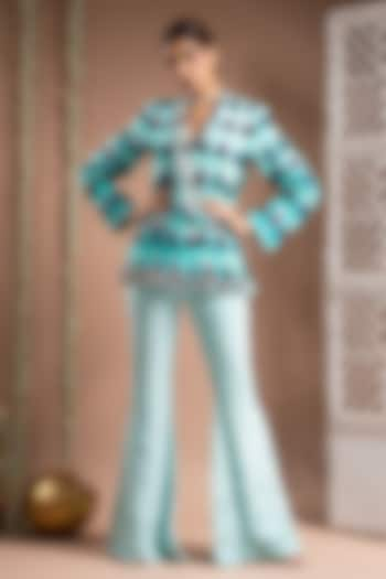 Ice Blue Heavy Crepe Digital Printed Bell Bottom Pant Set by AHI CLOTHING at Pernia's Pop Up Shop