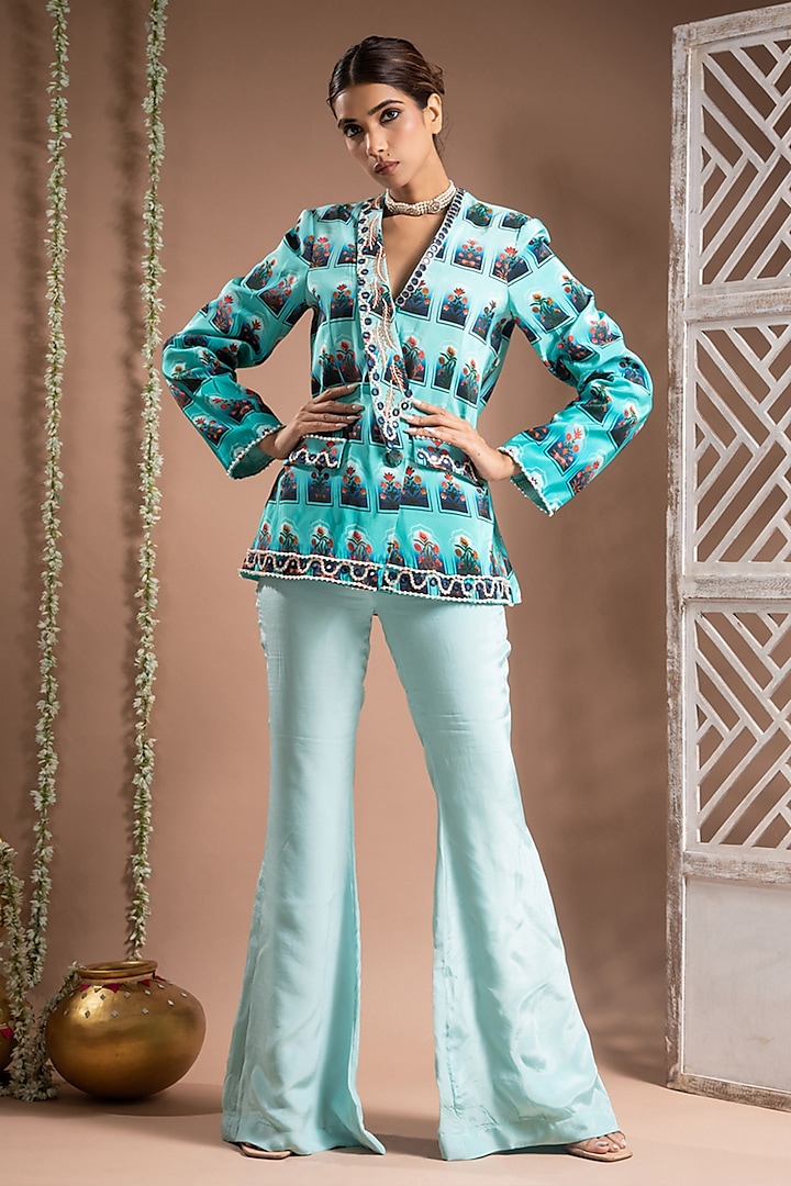 Ice Blue Heavy Crepe Digital Printed Bell Bottom Pant Set by AHI CLOTHING at Pernia's Pop Up Shop