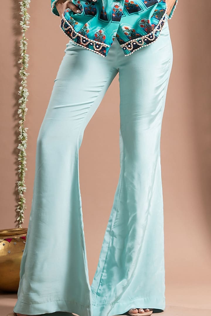 Ice Blue Heavy Crepe Digital Printed Bell Bottom Pant Set by AHI CLOTHING at Pernia's Pop Up Shop