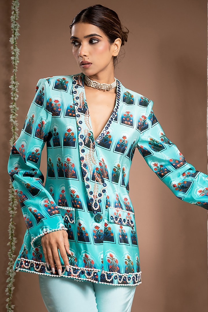 Ice Blue Heavy Crepe Digital Printed Bell Bottom Pant Set by AHI CLOTHING at Pernia's Pop Up Shop