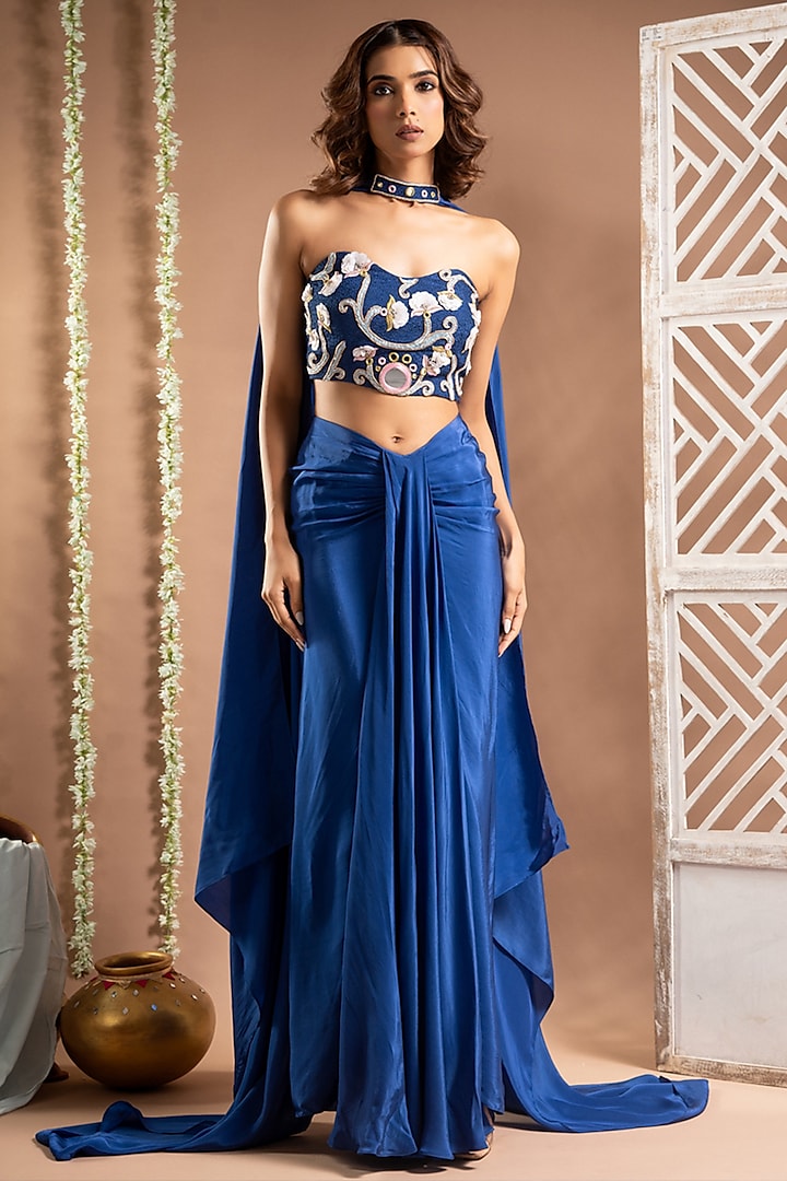 Royal Blue Heavy Crepe Embellished Pre-Draped Skirt Set by AHI CLOTHING at Pernia's Pop Up Shop