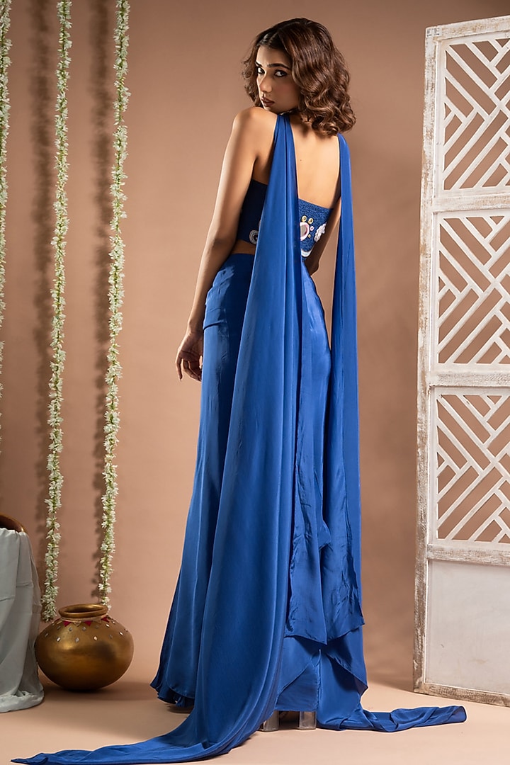 Royal Blue Heavy Crepe Embellished Pre-Draped Skirt Set by AHI CLOTHING at Pernia's Pop Up Shop