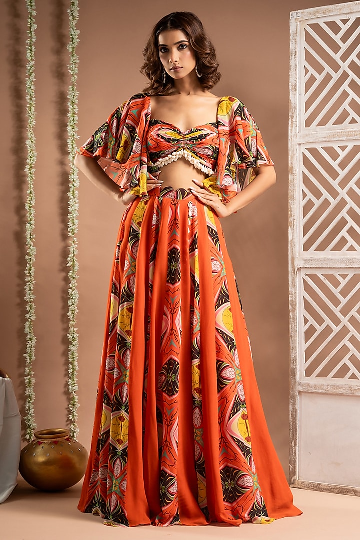 Orange Heavy Georgette Abstract Printed Paneled Skirt Set by AHI CLOTHING at Pernia's Pop Up Shop