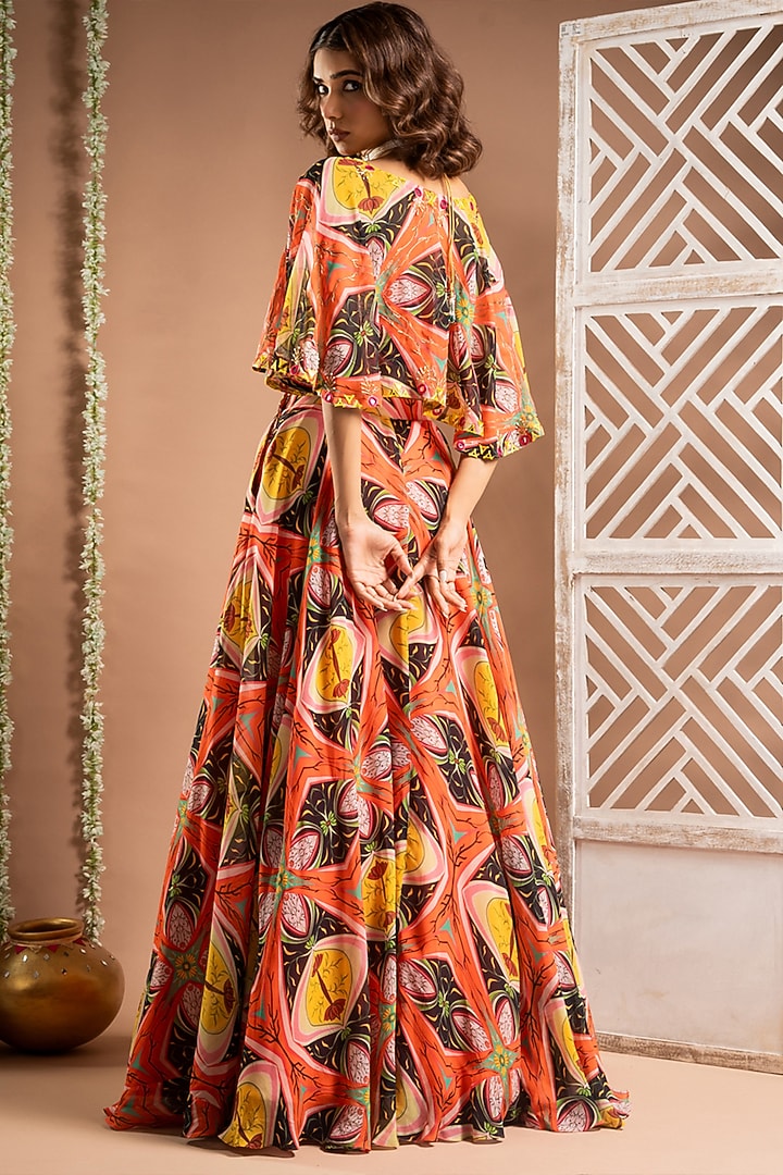 Orange Heavy Georgette Abstract Printed & Zari Handwork Jacket Wedding Lehenga Set by AHI CLOTHING at Pernia's Pop Up Shop