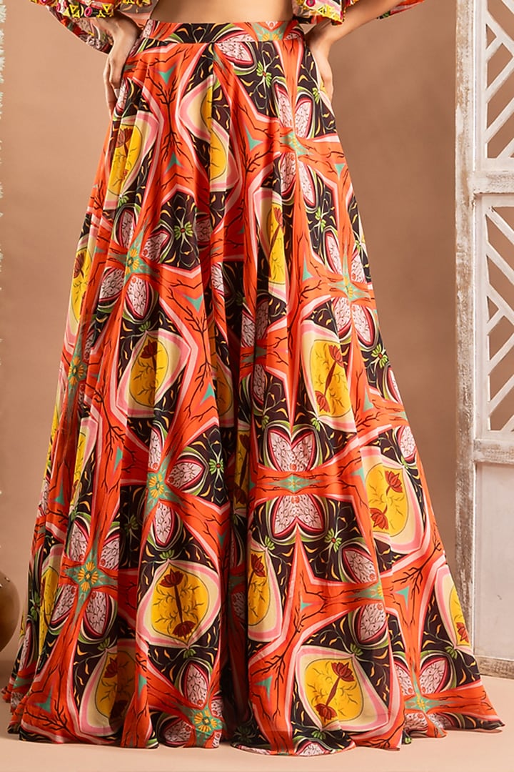 Orange Heavy Georgette Abstract Printed & Zari Handwork Jacket Wedding Lehenga Set by AHI CLOTHING at Pernia's Pop Up Shop